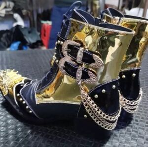 Men's Fashion Metal Head Pointy Toe Punk Rock Rivet Lace Up Party Ankle Boots